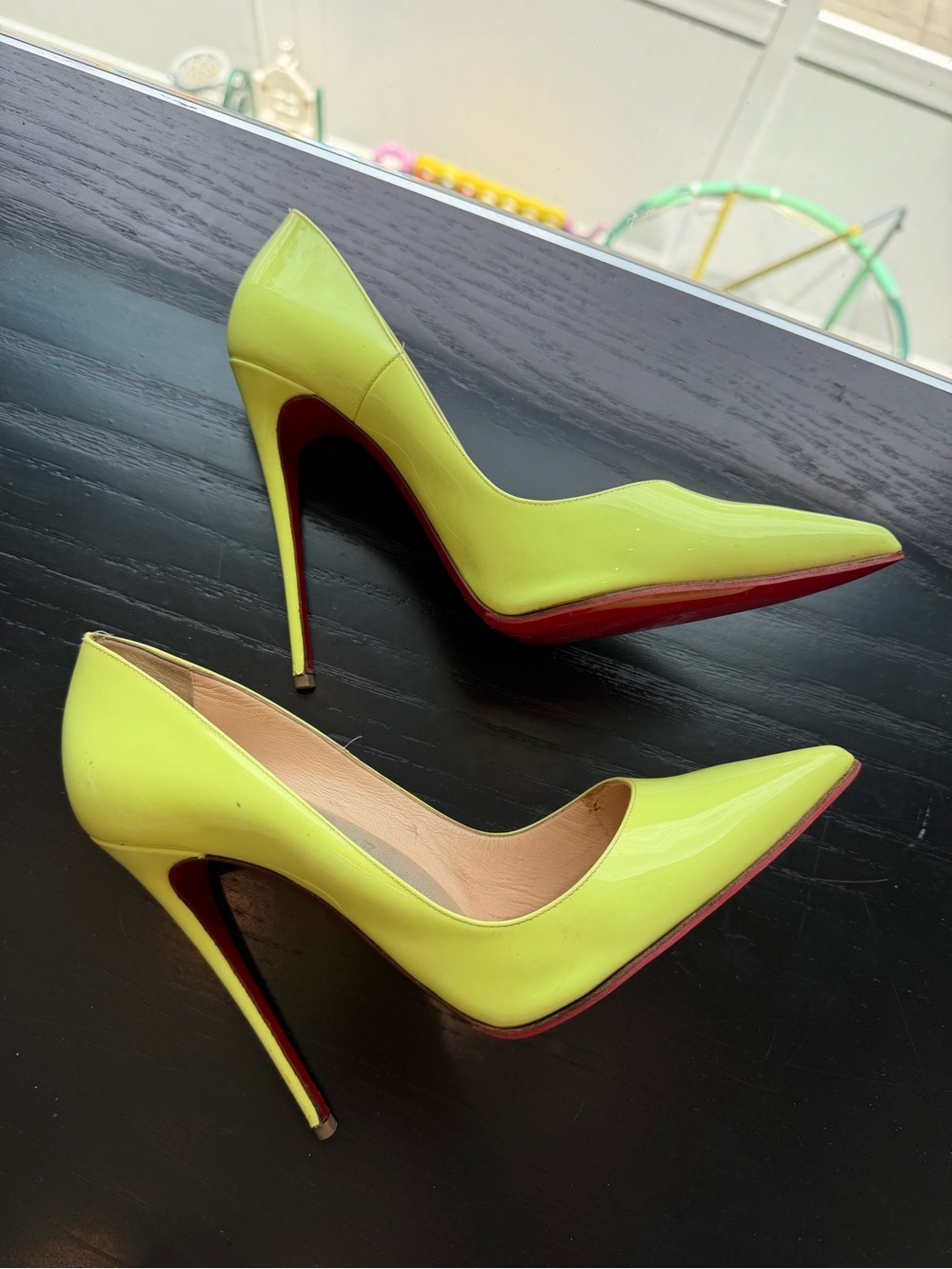 Christian Louboutin SO KATE 120 Neon Fluorescent Yellow Green Stiletto Pumps, 38